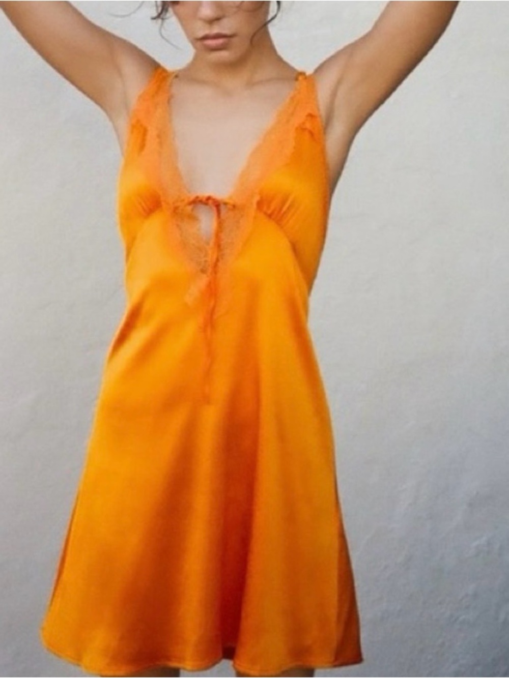 Zara Orange Satin Lace-Trim Mini Dress
